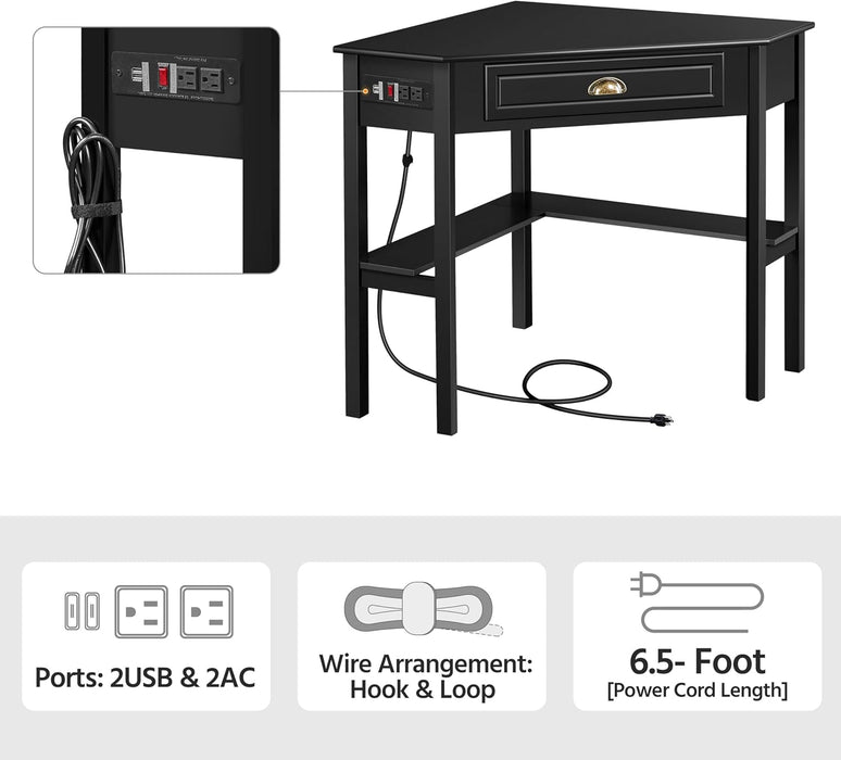 Yaheetech L Shaped Computer Desk Corner Table with Charging Station Outlets for Small Space, 90 Degree Triangle Desk Home Office Table with Drawer and Storage Shelf for Workstation, Living Room, Black