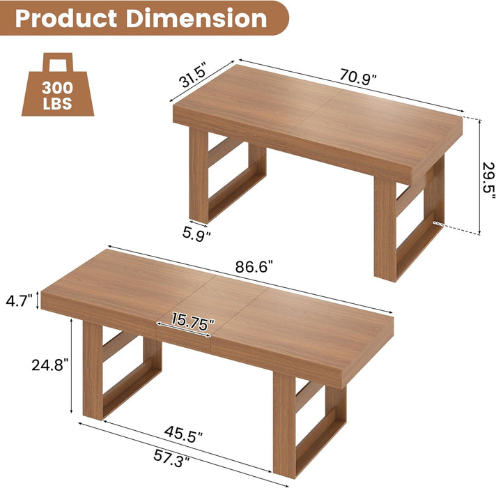 70.9" - 86.6" Extendable Dining Table for 8-10 Person, Modern Rectangle Expandable Kitchen Table with Wooden Legs, Table for Small Spaces, Dining Room, Kitchen, Living Room, Brown