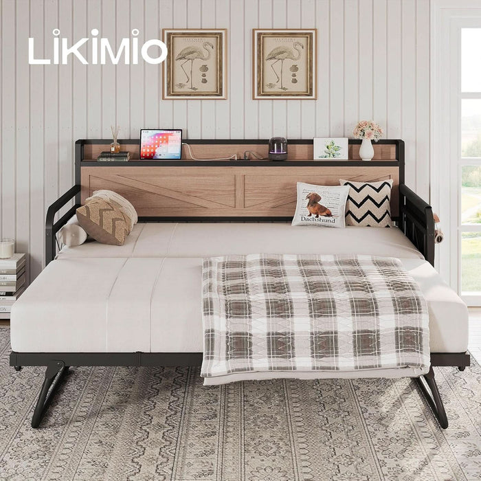 Twin Daybed with Trundle Bed, Storage Headboard with Charging Station, Sofa Day Bed with Strong Supports for Living Room, Bedroom, and Guest Room, Wood Color