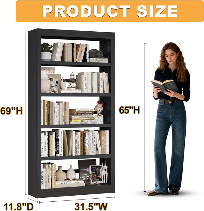 69 Inches Black MetalBookshelf With Adjustable Shelves