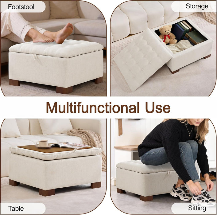 30" Fabric Square Storage Ottoman with Wooden Tray, Modern Tufted Button Footstool Coffee Table, Upholstered Large Ottoman for Living Room, Bedroom, Beige