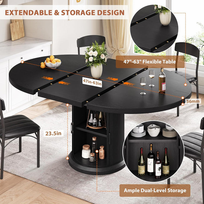 Extendable round Kitchen Dining Room Table for 4-6 with 2-Tier Storage Shelf, 63'' Space Saving Expandable Wood Oval Circle Dinner Furniture with Pedestal Base(Black)