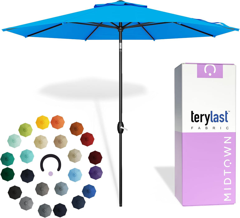 - 10-Year-No-Fade 9 Ft Patio Umbrella with Terylast Fabric, Auto-Tilt Aluminum Frame and 8 Reinforced Ribs for Deck, Pool, Garden & Beach - Cobalt Blue Canopy, Black Pole