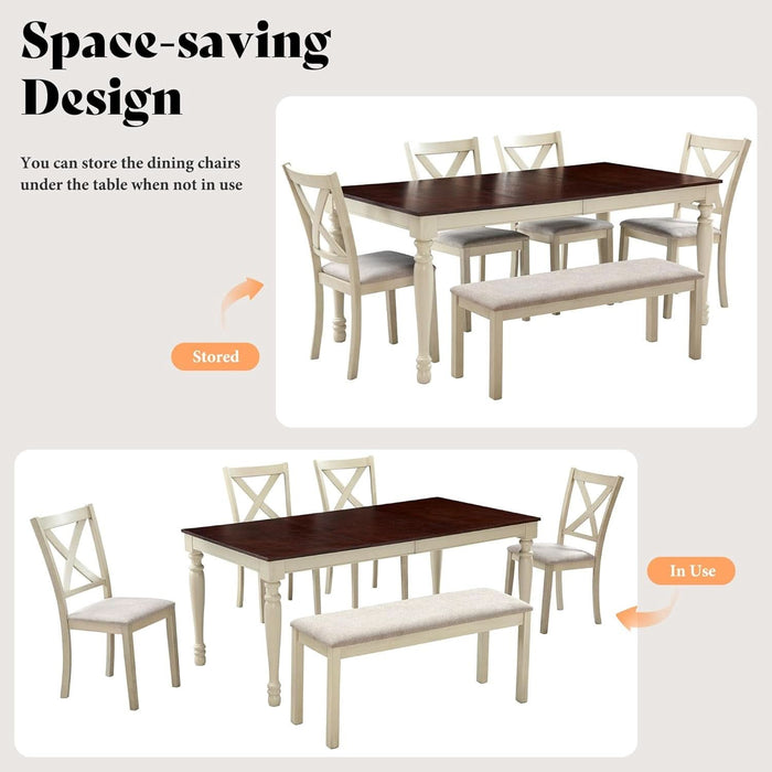 6-Piece Farmhouse Dining Table Set with 4 Upholstered Chairs and Bench, 71” Solid Wood Table, Seating for 6, for Dining Room or Kitchen, Rustic White & Walnut Finish