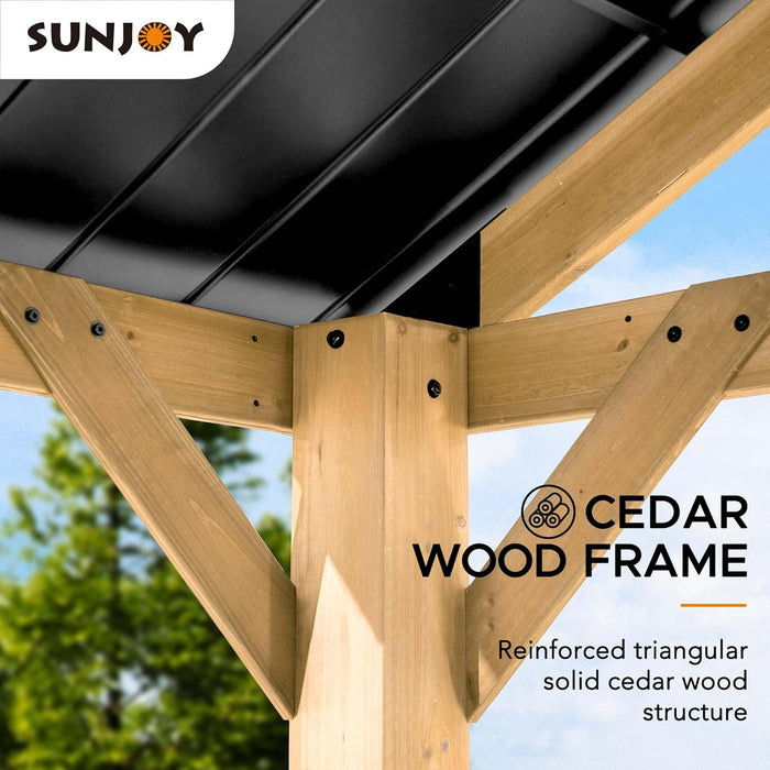 Wood Gazebo 13 X 15 Ft. Outdoor Patio Premium Cedar Frame Gazebos with Matte Black Steel Gable Hardtop Roof for Garden, Backyard Shade, Black Roof + Natural Wood Frame