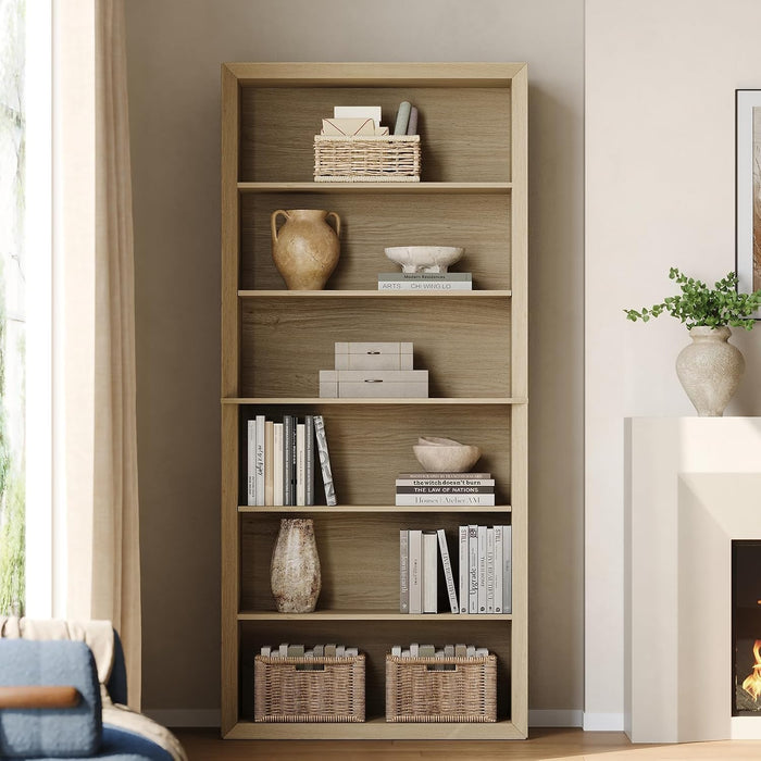 72" Tall Bookcase, 6-Tier Open Bookshelf with Adjustable Shelves, Wooden Floor Standing Display Storage Shelves for Living Room, Home Office, Study Room, Natural Wood