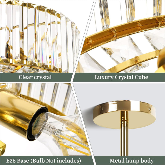 4-Light Crystal Ceiling Light Fixture - 14.56 Inch Modern Semi Flush Mount Ceiling Light Crystal Chandelier for Kitchen Bedroom Dinning Room Hallway - Gold