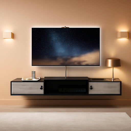 55" Floating TV Stand with Power Outlets, Modern Wall Mounted Media Console Shelf with Doors, Entertainment Center for under TV Storage, for Living Room, Bedroom, Greige and Black BG11UDS01