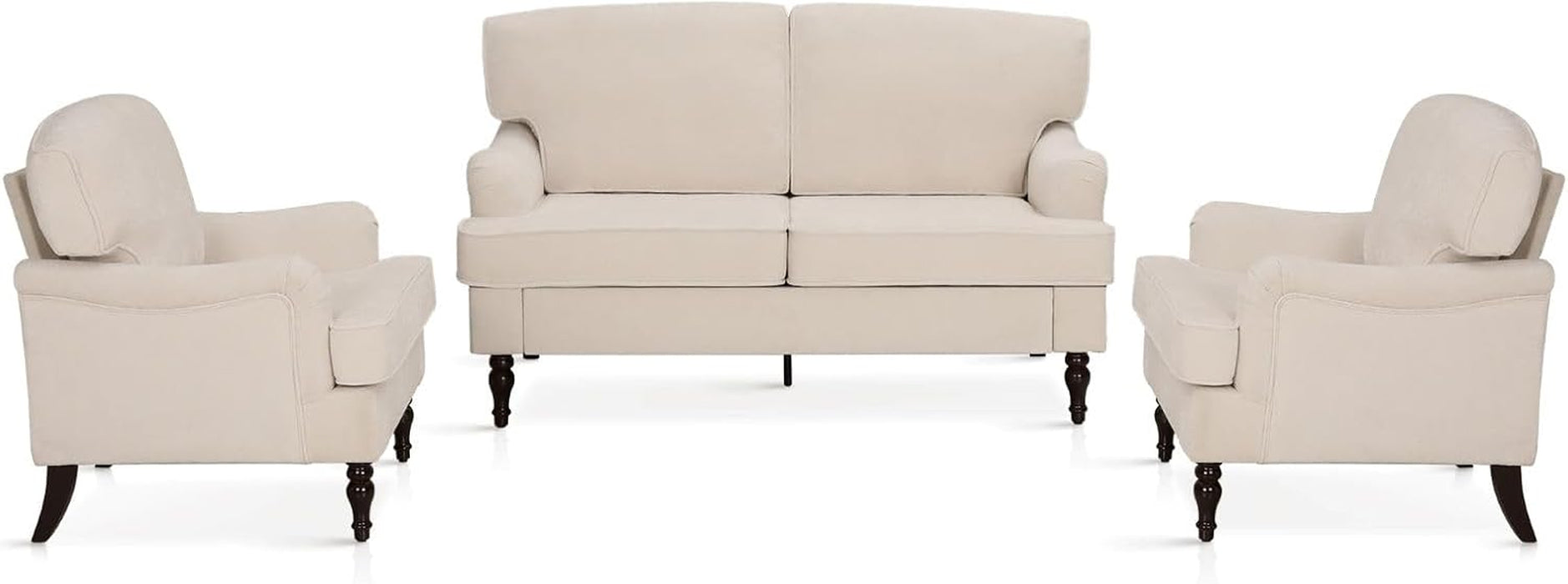 3 Piece Living Room Furniture Set, 1 Loveseat & 2 Accent Chairs, Linen Fabric Comfy Sectional Sofa Couch for Living Room, Bedroom, Off-White