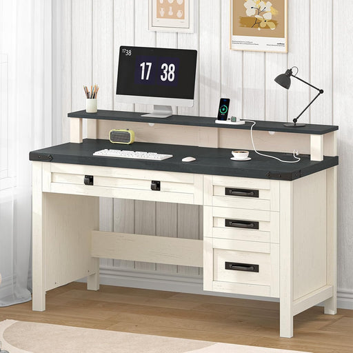 Farmhouse Computer Desk with Drawers, 47" Small Computer Desk with Power Outlets, Home Office Desk with Monitor Stand & 4 Drawers, Writing Study Table, Black & White