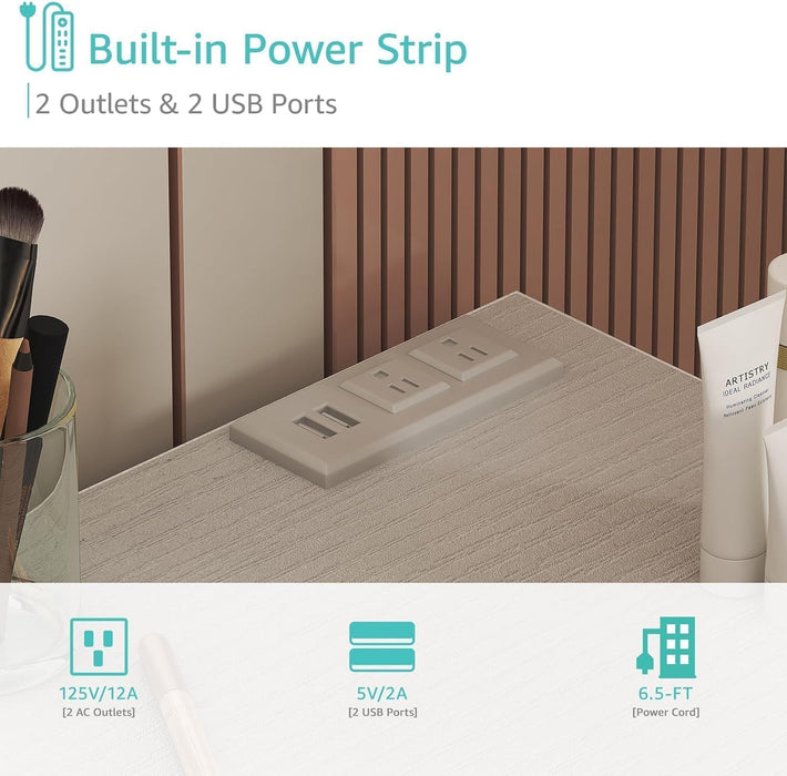 White Makeup Vanity Desk No Mirror with Chair, Small Vanity Table Set with Fabric Drawers, Power Outlet & Chair without Mirror, Modern Make up Desk for Girls Bedroom