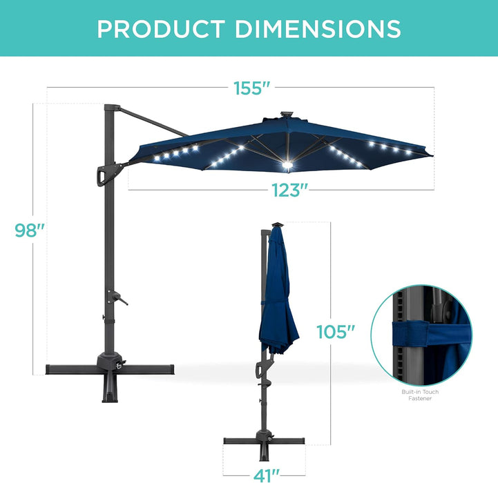 10Ft Solar LED Cantilever Patio Umbrella, 360-Degree Rotation Hanging Offset Market Outdoor Sun Shade for Backyard, Deck, Poolside W/Lights, Easy Tilt, Cross Base - Navy Blue