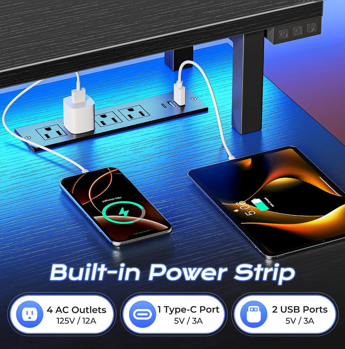 55 Inch Gaming Desk, LED & Power Outlets, Monitor Stand, Black