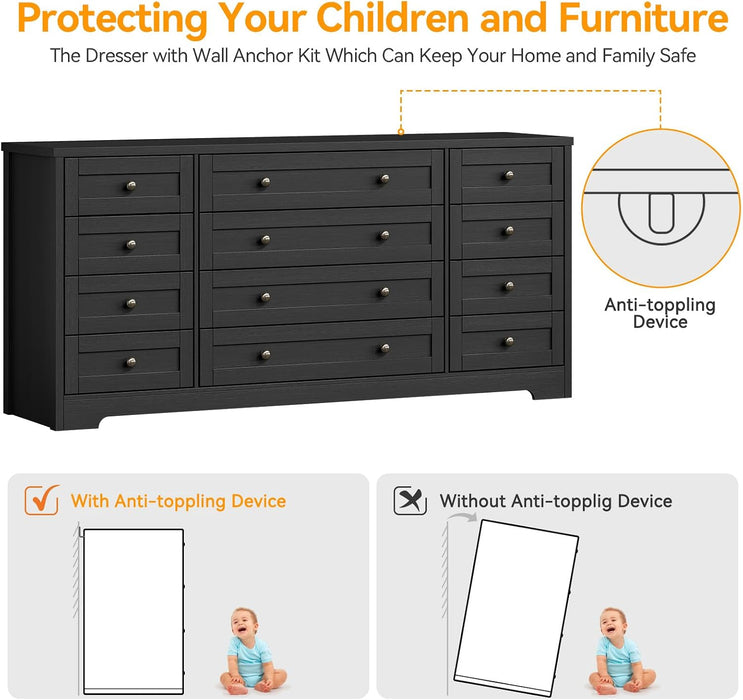 12-Drawer Dresser, Modern Wooden Storage Chest of Drawers, Wide Dresser TV Stand for 65 Inch TV, Large Wood Drawer Organizer for Bedroom, Living Room, Hallway, Black