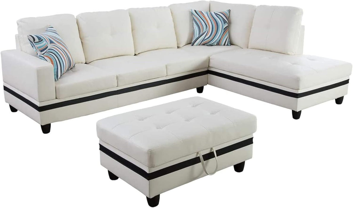 Sectional Sofa Faux Leather Modern L Shaped Couch Set 103.5”Wide Including Chaise and 3 Seating Sofa with Storage Ottoman for Living Room Furniture (Right Hand Facing, A-White)