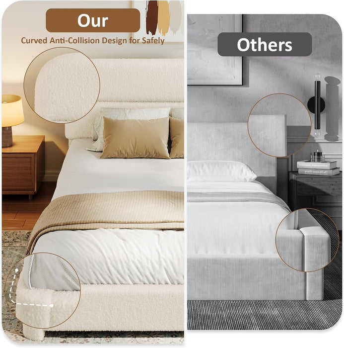 Queen Upholstered Bed Frame, Beige Cloud Boucle Bed with Headboard