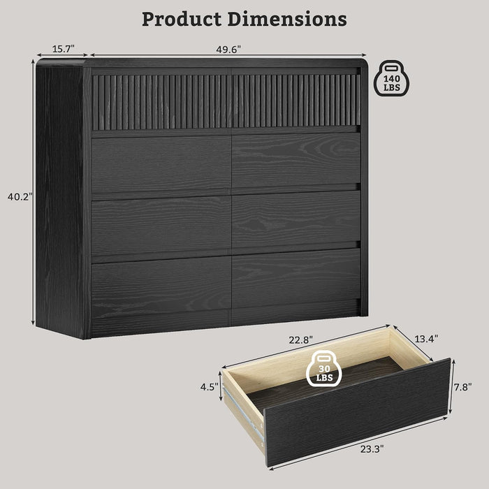 Black Fluted 8 Drawer Dresser for Bedroom, Curved Edge, 50" Wide