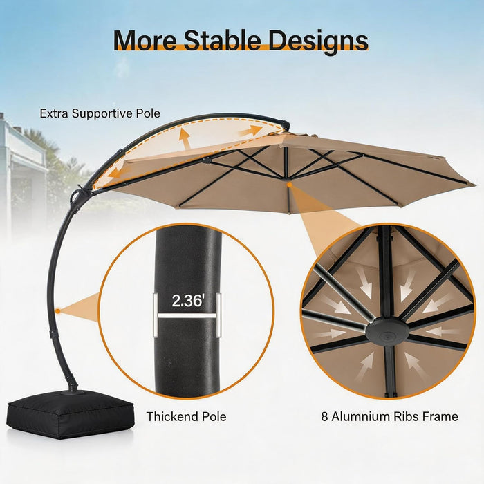 Outdoor Patio Umbrella with Base Included, 12 FT Deluxe Curvy Cantilever Umbrella Heavy Duty Offset Hanging Umbrella with 360° Rotation for Market, Pool, Garden, Backyard, Deck (Beige)