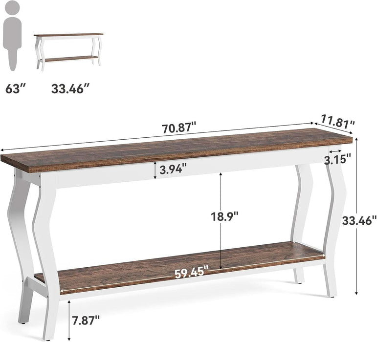 70.9 Inches Long Console Table, 2-Tier Vintage Wooden Sofa Table behind the Couch with Metal Legs for Hallway, Entryway, Living Room, Brown & White