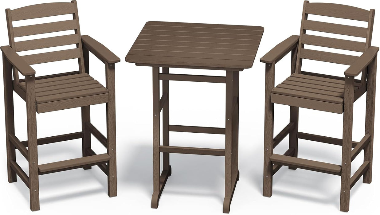 HDPE Outdoor Patio Bar Set, Tall Adirondack Bar Chair and Table Set (Coffee, 3 Pcs)