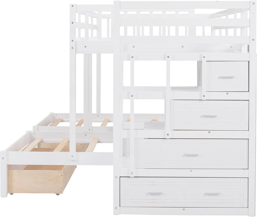 Triple Bunk Beds with Drawers, Wood Full over Twin & Twin Bunk Bed with Storage Staircase, Triple Bed for Kids,3 Bed Bunk Beds with Storage for Girls Boys,White