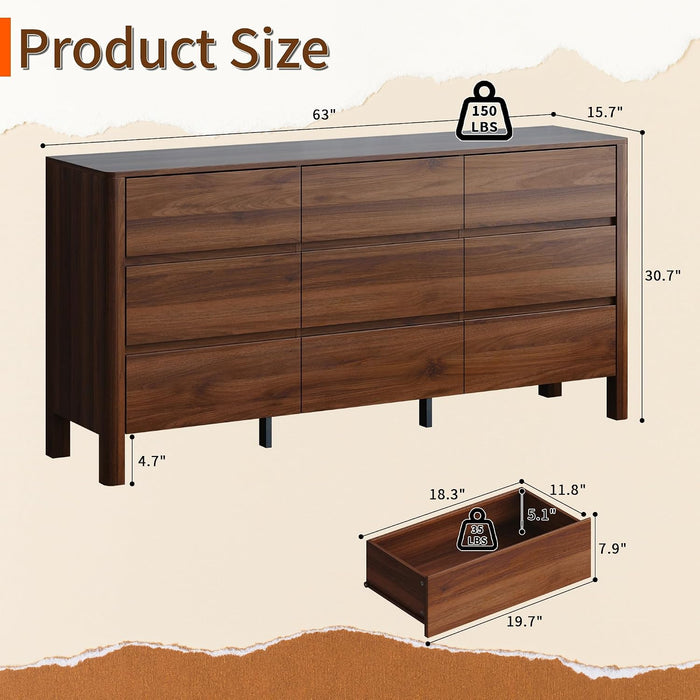 Walnut Dresser for Bedroom, 63" Mid-Century 9 Drawer Dresser with Wide Drawers and Wood Legs, Curved Edge Design, Modern Large Dressers & Chests of Drawers for Bedroom, Hallway.