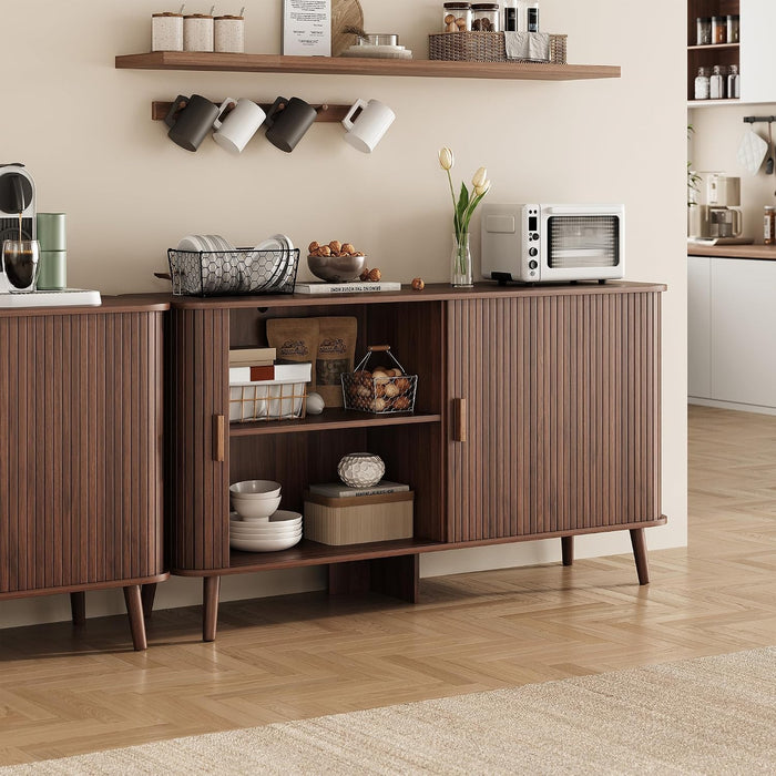55" Fluted Sideboard Buffet Cabinet with Sliding Door, Mid-Century Modern Wood Sideboard, Adjustable Shelf, Coffee Bar Cabinet with Storage for Kitchen, Walnut