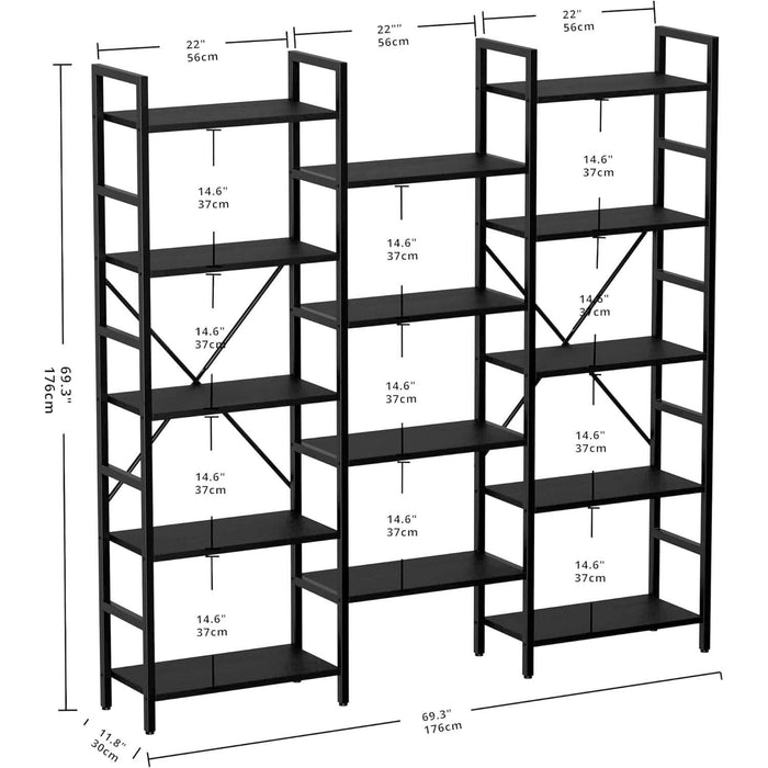 Bookcases and Bookshelves Triple Wide 5 Tiers Industrial Bookshelf, Large Etagere Bookshelf Open Display Shelves with Metal Frame for Living Room Bedroom Home Office