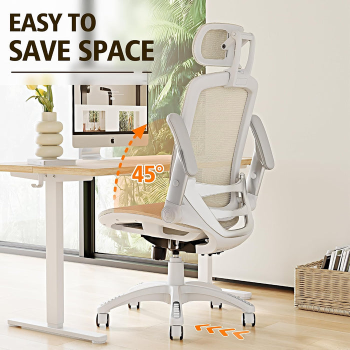 Ergonomic Office Chair, High Back Home Desk Chair with Headrest, Flip-Up Arms, 90-120° Tilt Lock and Wide Cushion, 300LBS Mesh Chairs for Man Woman, White Task Chair(Beige,Gy01Wbg)