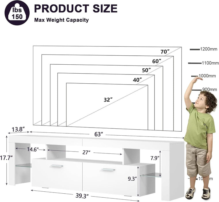 Modern Lighting 63 Inch TV Stand with Large Storage Drawer for 50 55 60 65 70 75 Inch Tvs, TV Console with 20 Color LED Lights, Entertainment Center Media and Open Shelf for Bedroom, White