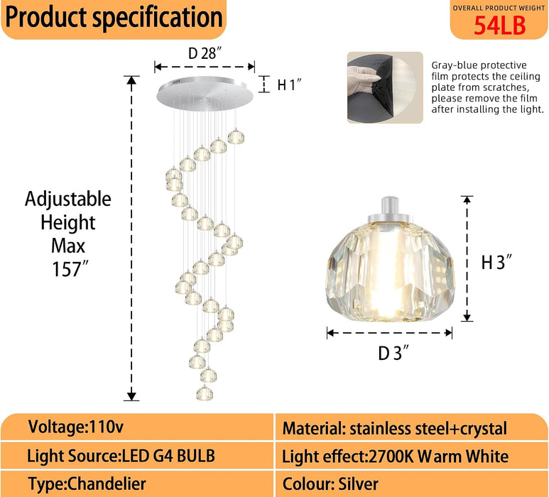 Crystal Ball Chandelier for High Ceiling Modern Glam Crystal Chandelier Lighting for Foyer Enterway Long Staircase 25 Light Silver