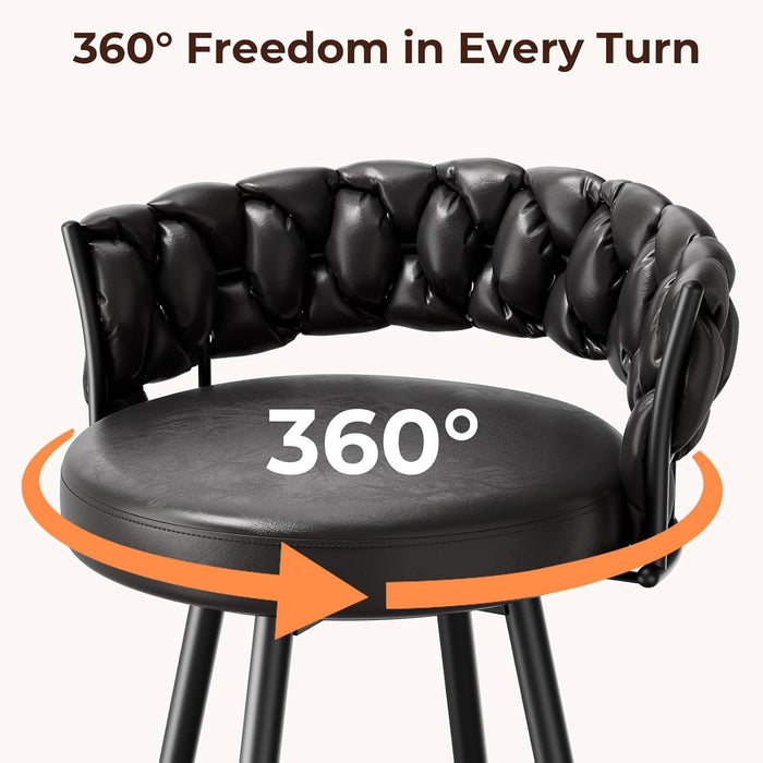 26" Counter Height Bar Stools Set of 3, Premium Faux Leather Barstools | Upholstered 360°Swivel Bar Chairs with Woven Backs Support & Heavy Duty Metal Legs for Kitchen Counter, Easy Assembly, Black