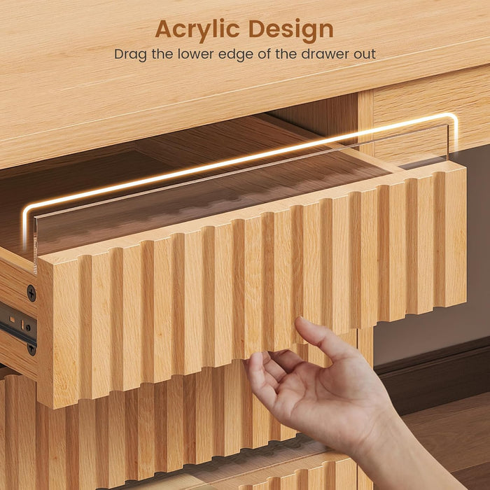 55.1" Fluted Office Desk with 6 Drawers, Modern Executive Desk with Acrylic File Drawers, Computer Desk with Power Outlets for Home Office and Study, Natrual