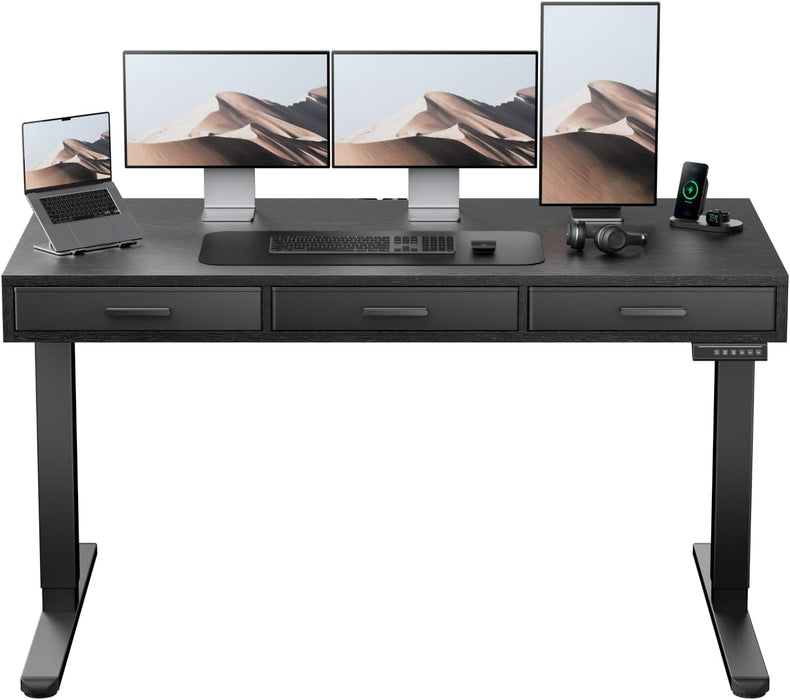 Electric Standing Desk with Drawers, C-Clamp Mount Compatible, 55 X 28 Inch Height Adjustable Sit Stand Desk, Fabric Drawers, Home Office Stand up Desk with 4 Custom Height Settings, Black