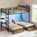 Triple Bunk Bed for Kids with Storage Drawers and Charging Station Twin over Twin Metal Bunk Bed with Storage Shelves and Box,3 Beds with Guardrails and Ladder, No Box Spring Needed, Black