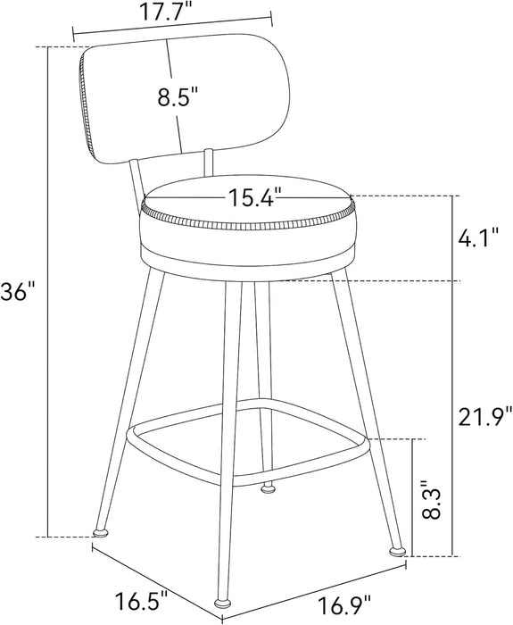 Bar Stools Set of 2, Faux Leather 26" H Swivel Counter Height Barstools with Back, Mid Century Modern Bar Stools with Stylish Stitching for Kitchen Island, Metal Base, Saddle Brown
