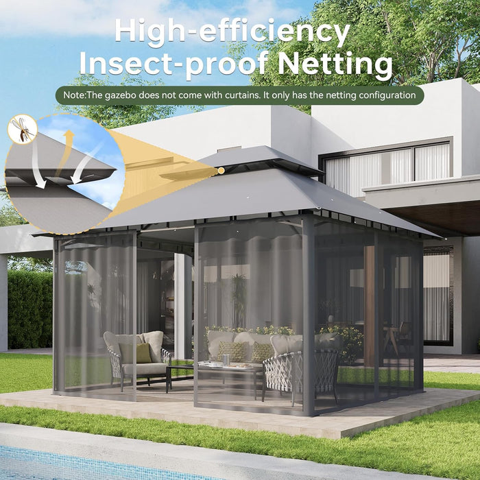 12X10 Gazebo with Double Roof & Mosquito Netting Outdoor Heavy-Duty Party Tent, Patio Tent with Zipper Screens - Backyard Garden Lawn Shelter Includes Wind Ropes Expansion Bolts, Gray