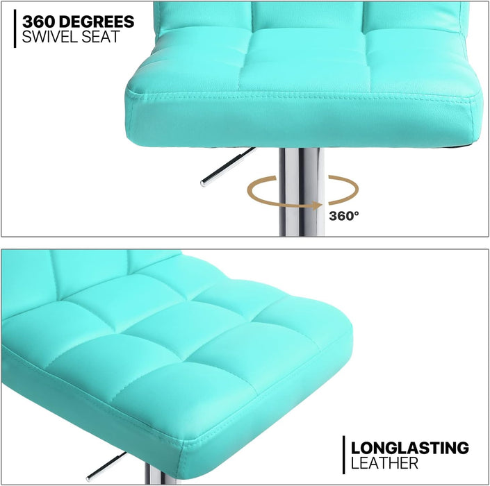 Adjustable Bar Stools Set of 2 PU Leather Swivel Counter Height Modern Square Island Barstool with Back for Kitchen Counter Chairs, Cyan