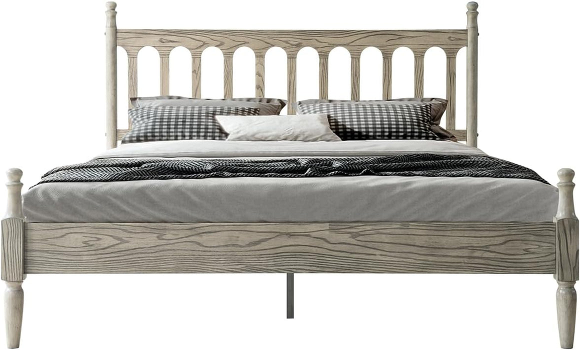 Queen Size Bed Frame, Solid Wood Platform Bed with Headboard & Footboard, Central Metal Legs, 12 Sturdy Slatted Base, Anti-Noise & Slip-Free, No Box Spring Needed, Weathered Gray Oak Finish WCQ-34
