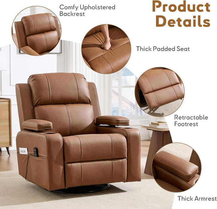 Power Swivel Rocker Recliner Chair with Adjustable Armrests, Brown