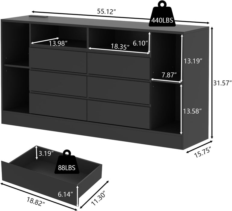 6 Drawers Dresser with 6 Open Storage Cubbies, LED Dressers & Chests of Drawers with Power Outlet, 55" Wide Long Dresser for Bedroom, Modern TV Stand with Open Shelf (Black)
