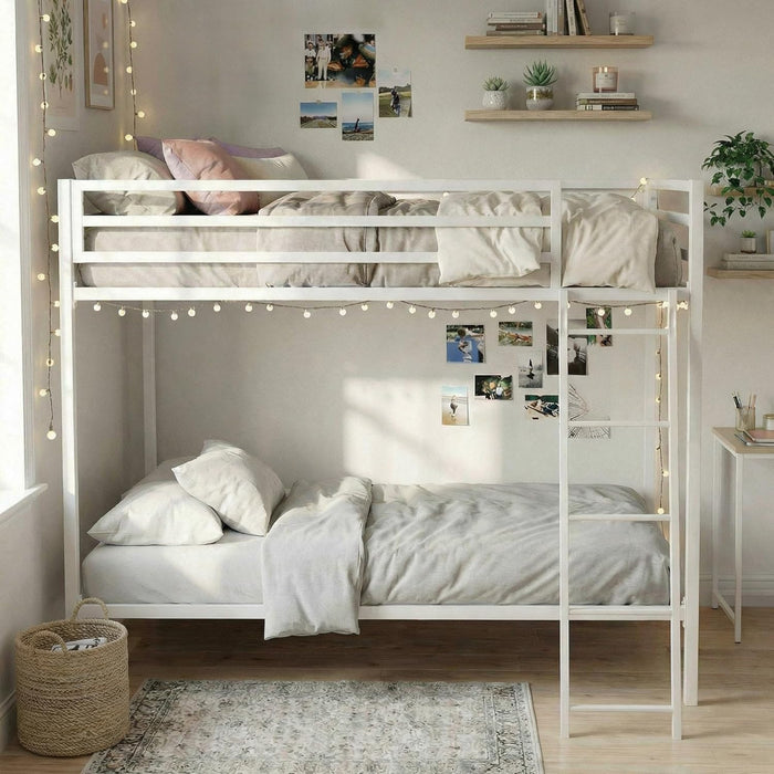 Metal Bunk Bed Twin over Twin Size for Junior & Adults with Ladder and Heavy Duty Guardrail, Small Space Saving Design for Bedroom Kid Room and Dorm, White