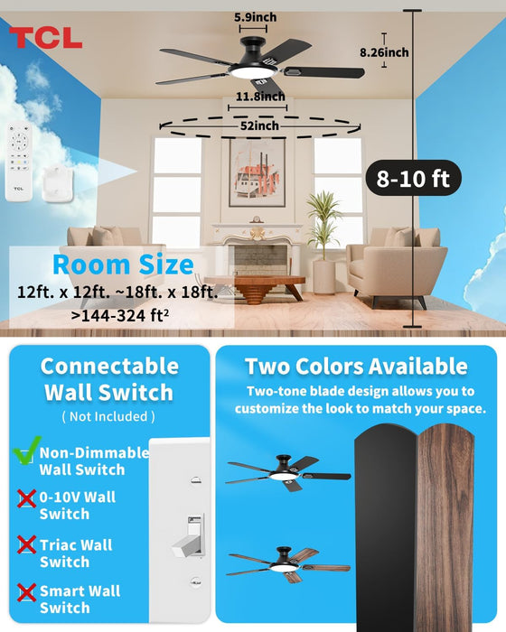 52" Low Profile Ceiling Fan with Light, Slim, Black, Flush Mount, DC Reversible Motor, 6 Speeds, Remote Control, Noiseless, Dimmable, LED Light, 3CCT, Modern Matte Black Ceiling Fan for Bedroom