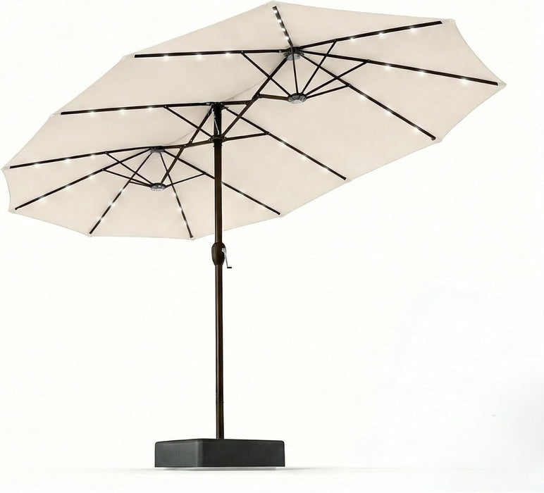 15FT Patio Umbrella with Solar Lights, Double-Sided Extra Large Outdoor Table Umbrella with Base Included, Heavy-Duty 12 Iron Ribs Market Umbrella for Garden, Pool, Backyard, Creamy White