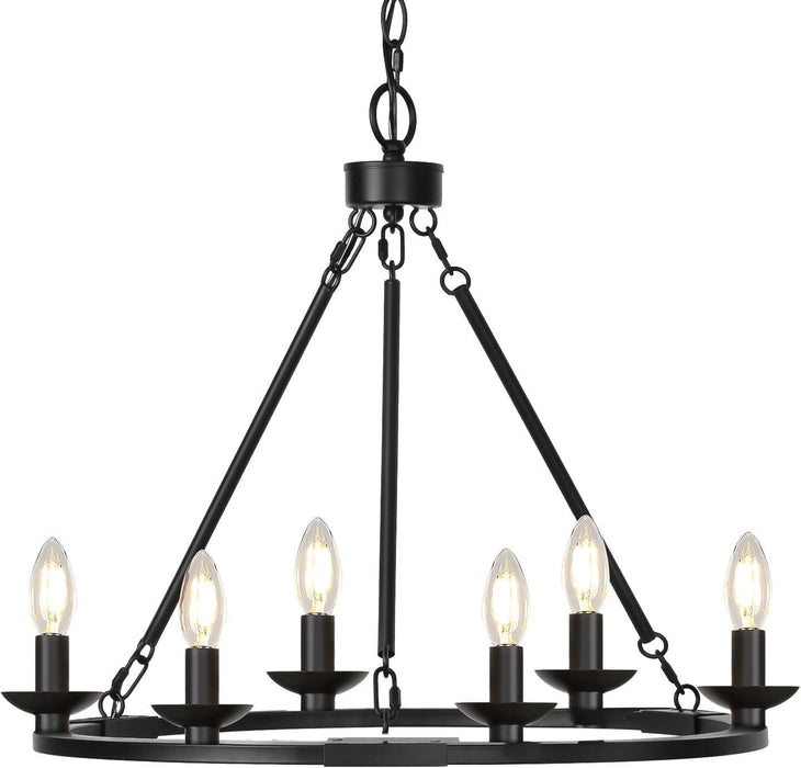 Black Farmhouse Chandelier, 6-Light Wagon Wheel Chandelier with Adjustable Height, Dining Room Light Fixture, Hanging Lights for Kitchen Island, Living Room, Bedroom, Entryway, E12 Base