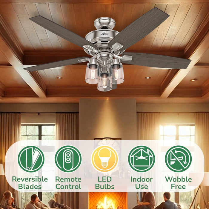 Quiet 52 Inch Reversible Brushed Nickel Ceiling Fan