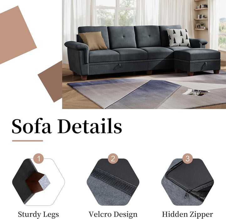 Dark Gray L-Shaped Sectional Couch with Storage