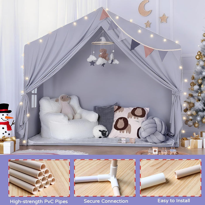Kids Play Tent Indoor - with Mat, Star Lights - Large Toddler Tents Playhouse for Girls Boys, Bed Tent for Bedroom inside Birthday Gifts Toys(Gray)