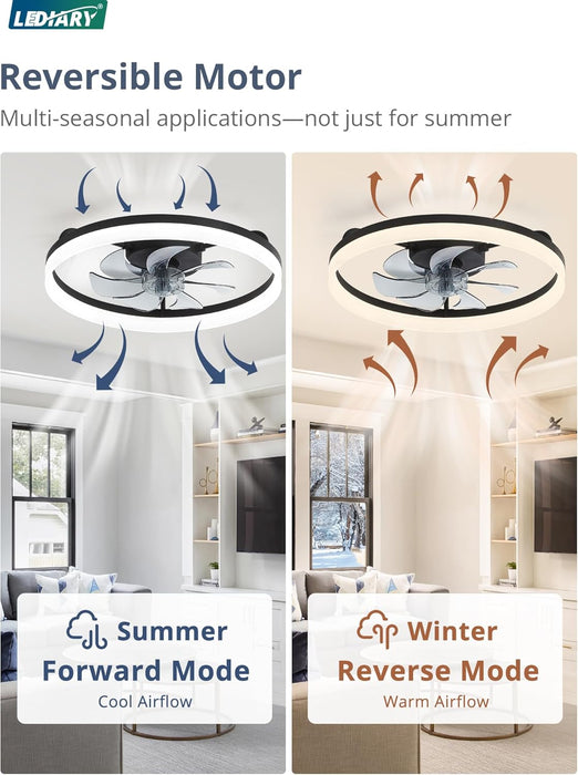 Ceiling Fans with Lights, 20 Inch Low Profile Flush Mount Ceiling Fan, Dimmable LED, APP & Remote Control, Quiet Reversible DC Motor, 6 Speeds, Fandelier for Bedroom, Black
