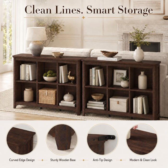 6 Cube Storage Bookshelf, Wood Wulnut Horizontal Bookcase, Rounded Corners | Low Wooden Cubby Organizer Book Shelf for Living Room/ Bedroom/ Office/ Hallways/ Apartments, Brown Cherry, 43" Space Saving